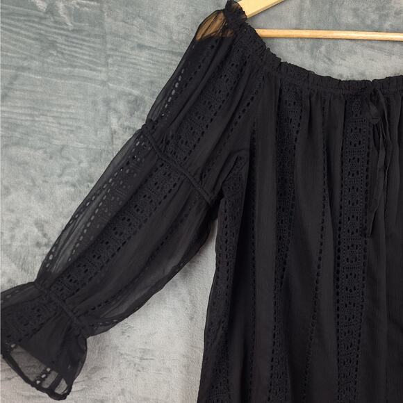 Womens Top XL Black Boho Crochet Lace Feminine Hippie Peasant Fairy Grunge Goth - Picture 4 of 8